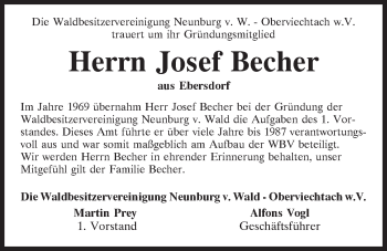 Traueranzeige von Josef Becher von Mittelbayerische Zeitung Schwandorf