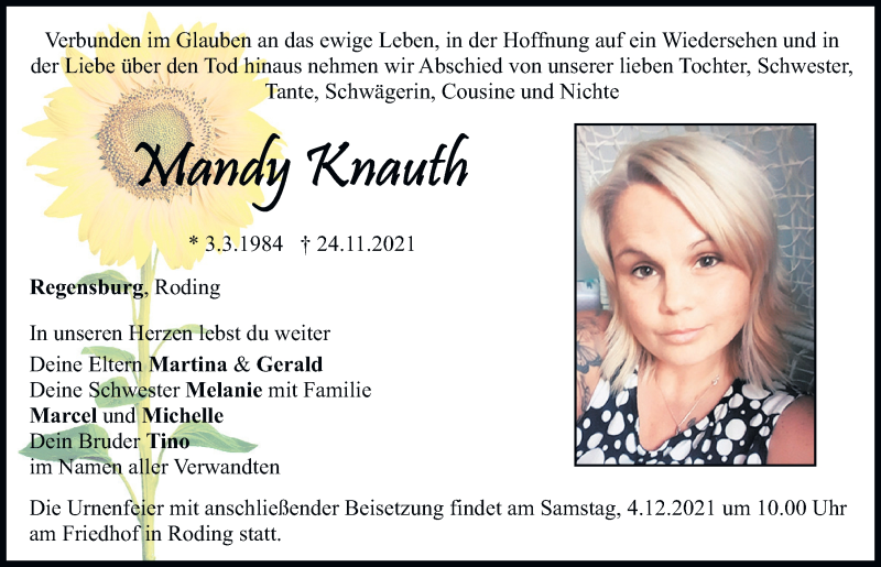  Traueranzeige für Mandy Knauth vom 01.12.2021 aus Bayerwald Echo