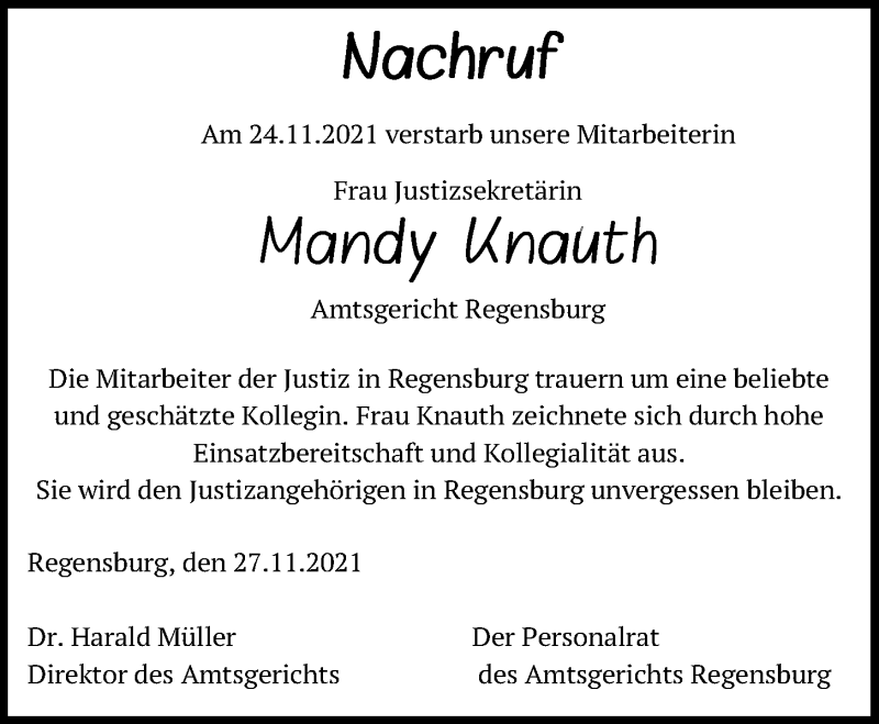  Traueranzeige für Mandy Knauth vom 27.11.2021 aus Mittelbayerische Zeitung Regensburg