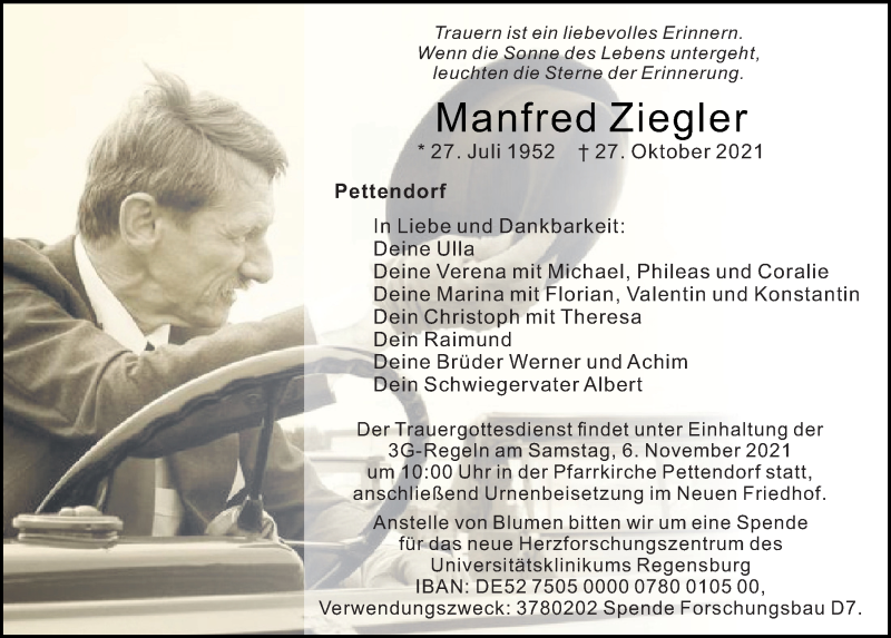 Traueranzeige für Manfred Ziegler vom 04.11.2021 aus Mittelbayerische Zeitung Regensburg