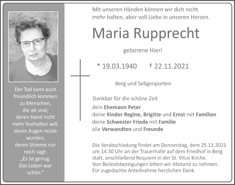  Traueranzeige für Maria Rupprecht vom 24.11.2021 aus Neumarkter Tagblatt