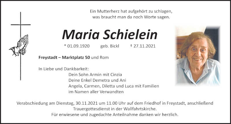  Traueranzeige für Maria Schielein vom 29.11.2021 aus Neumarkter Tagblatt