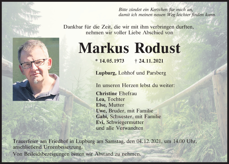  Traueranzeige für Markus Rodust vom 01.12.2021 aus Neumarkter Tagblatt