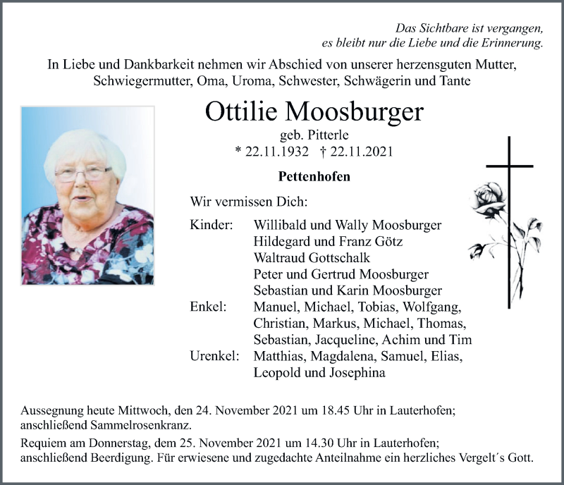  Traueranzeige für Ottilie Moosburger vom 24.11.2021 aus Neumarkter Tagblatt