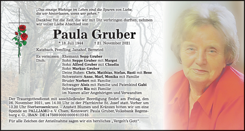  Traueranzeige für Paula Gruber vom 24.11.2021 aus Bayerwald Echo