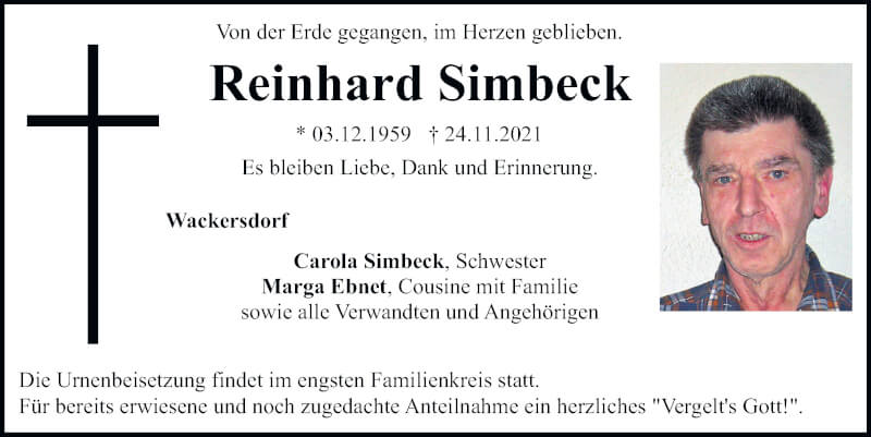  Traueranzeige für Reinhard Simbeck vom 29.11.2021 aus Mittelbayerische Zeitung Schwandorf