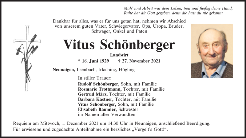  Traueranzeige für Vitus Schönberger vom 30.11.2021 aus Mittelbayerische Zeitung Schwandorf