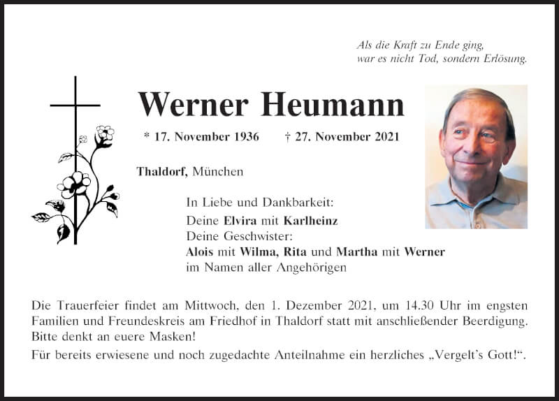  Traueranzeige für Werner Heumann vom 29.11.2021 aus Mittelbayerische Zeitung Kelheim