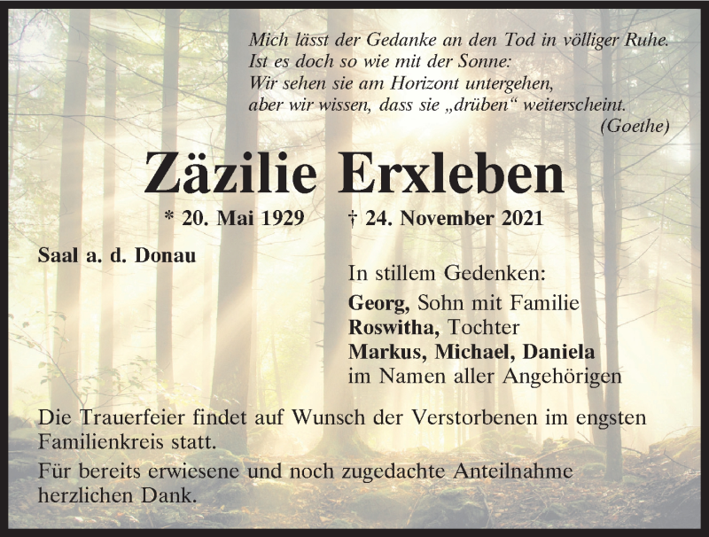  Traueranzeige für Zäzilie Erxleben vom 27.11.2021 aus Mittelbayerische Zeitung Kelheim