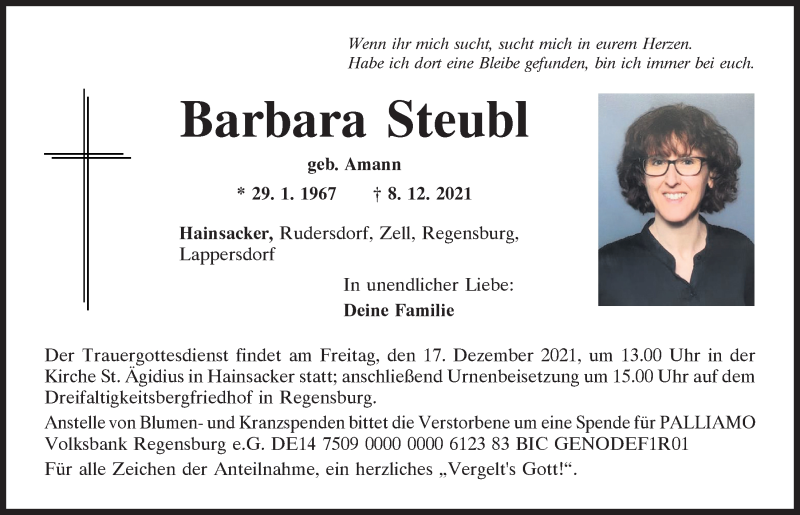  Traueranzeige für Barbara Steubl vom 11.12.2021 aus Mittelbayerische Zeitung Regensburg