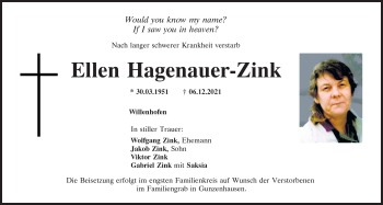 Traueranzeige von Ellen Hagenauer-Zink von Neumarkter Tagblatt
