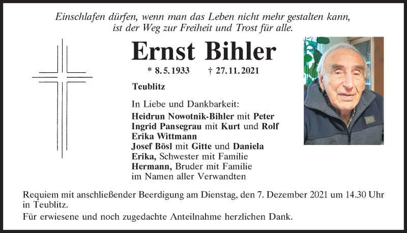  Traueranzeige für Ernst Bihler vom 04.12.2021 aus Mittelbayerische Zeitung Schwandorf