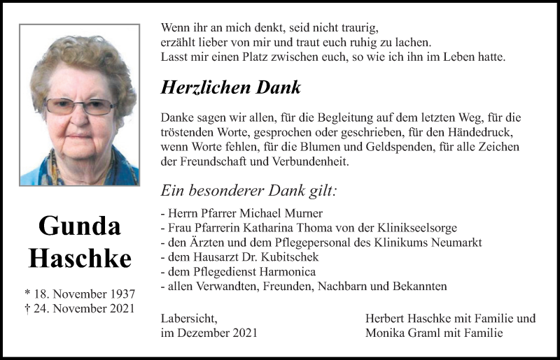 Traueranzeige für Gunda Haschke vom 18.12.2021 aus Neumarkter Tagblatt