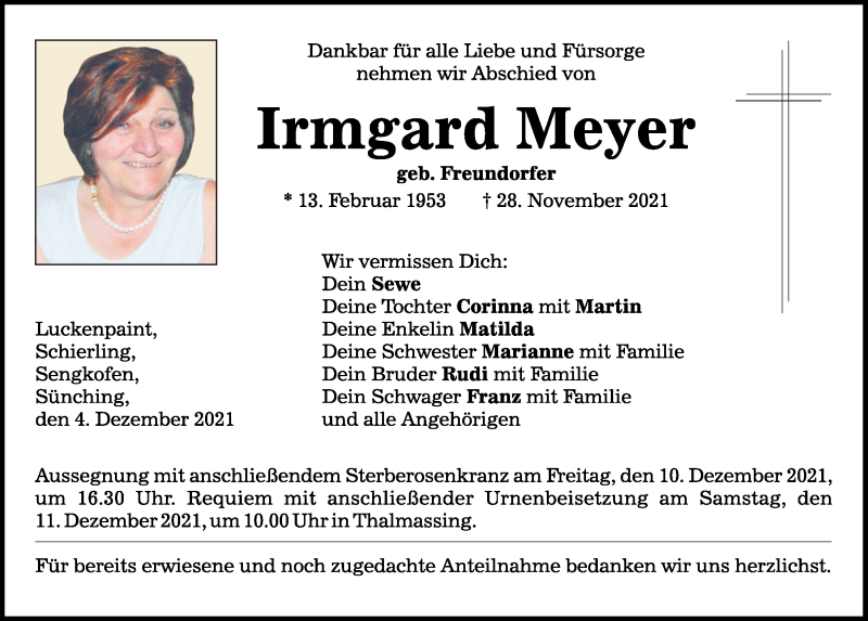  Traueranzeige für Irmgard Meyer vom 04.12.2021 aus Mittelbayerische Zeitung Regensburg