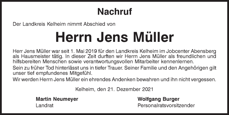  Traueranzeige für Jens Müller vom 21.12.2021 aus Mittelbayerische Zeitung Kelheim