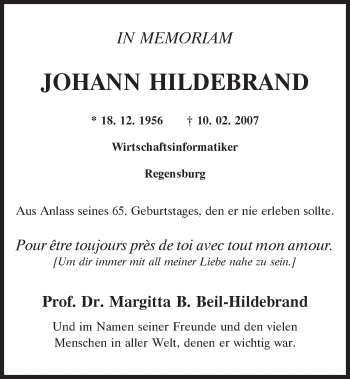 Traueranzeige von Johann Hildebrand von Mittelbayerische Zeitung Regensburg