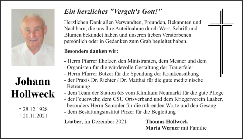  Traueranzeige für Johann Hollweck vom 18.12.2021 aus Neumarkter Tagblatt