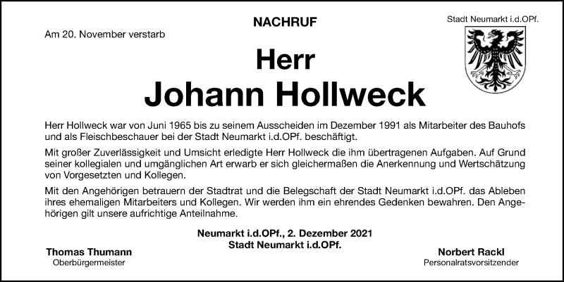  Traueranzeige für Johann Hollweck vom 03.12.2021 aus Neumarkter Tagblatt