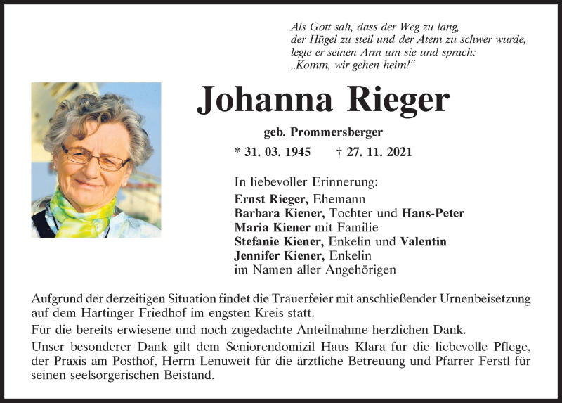  Traueranzeige für Johanna Rieger vom 04.12.2021 aus Mittelbayerische Zeitung Regensburg