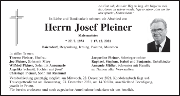 Traueranzeige von Josef Pleiner von Mittelbayerische Zeitung Kelheim