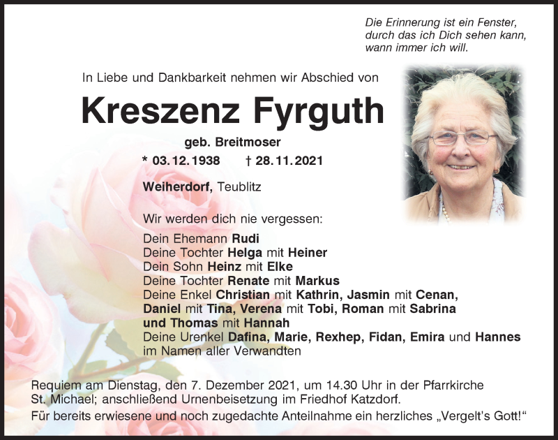  Traueranzeige für Kreszenz Fyrguth vom 04.12.2021 aus Mittelbayerische Zeitung Schwandorf