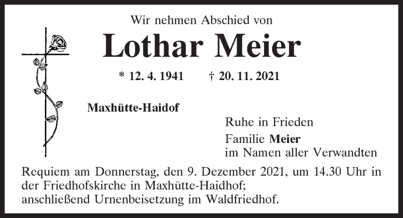  Traueranzeige für Lothar Meier vom 04.12.2021 aus Mittelbayerische Zeitung Schwandorf