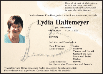 Traueranzeige von Lydia Haltemeyer von Neumarkter Tagblatt
