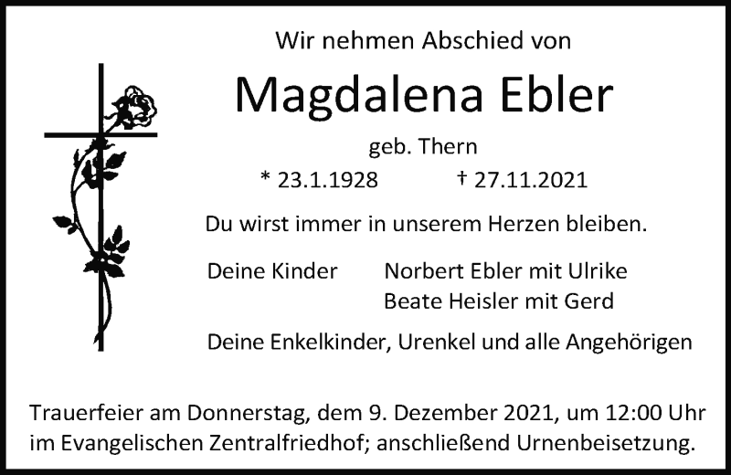  Traueranzeige für Magdalena Ebler vom 04.12.2021 aus Mittelbayerische Zeitung Regensburg