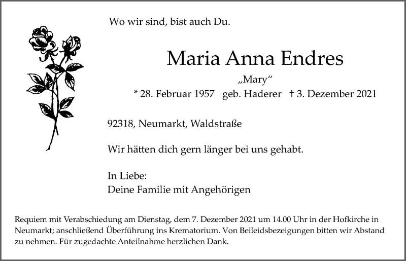  Traueranzeige für Maria Anna Endres vom 06.12.2021 aus Neumarkter Tagblatt