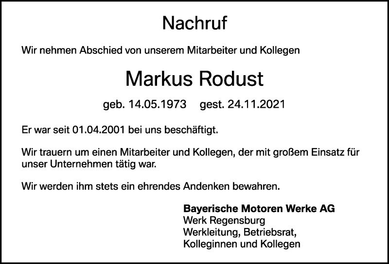  Traueranzeige für Markus Rodust vom 06.12.2021 aus Neumarkter Tagblatt