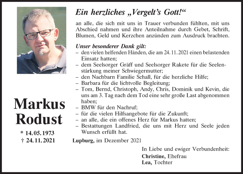  Traueranzeige für Markus Rodust vom 18.12.2021 aus Neumarkter Tagblatt