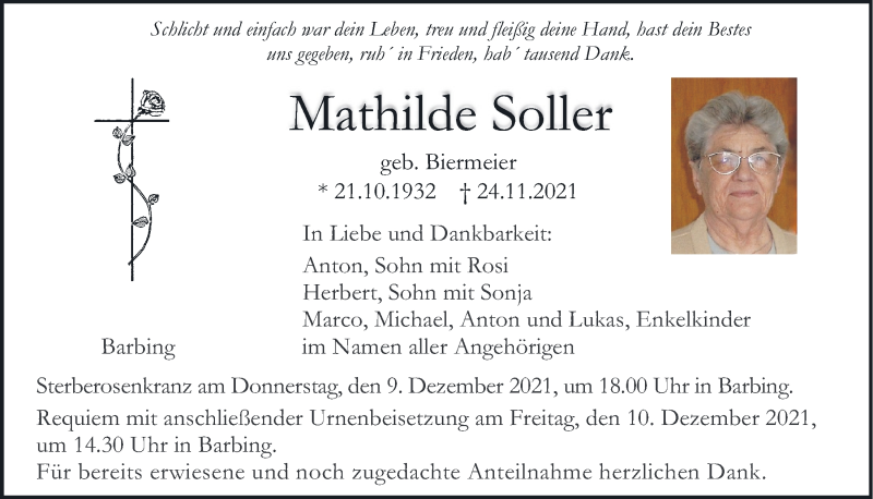  Traueranzeige für Mathilde Soller vom 04.12.2021 aus Mittelbayerische Zeitung Regensburg