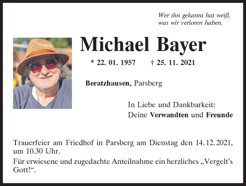  Traueranzeige für Michael Bayer vom 11.12.2021 aus Mittelbayerische Zeitung Regensburg