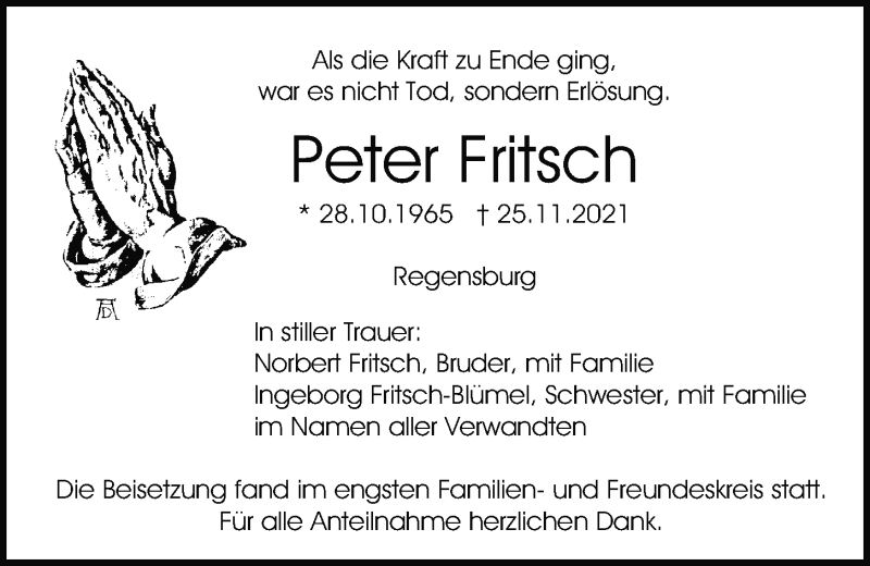  Traueranzeige für Peter Fritsch vom 11.12.2021 aus Mittelbayerische Zeitung Regensburg