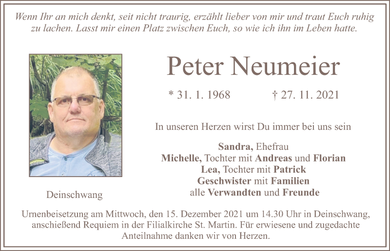  Traueranzeige für Peter Neumeier vom 13.12.2021 aus Neumarkter Tagblatt