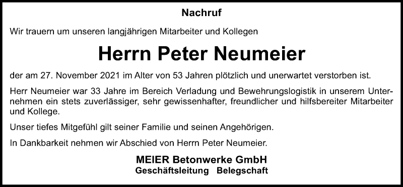  Traueranzeige für Peter Neumeier vom 14.12.2021 aus Neumarkter Tagblatt