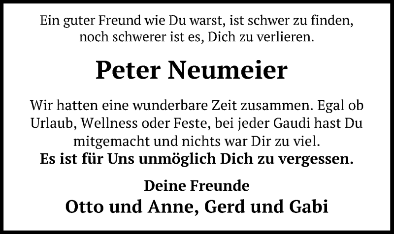  Traueranzeige für Peter Neumeier vom 16.12.2021 aus Neumarkter Tagblatt
