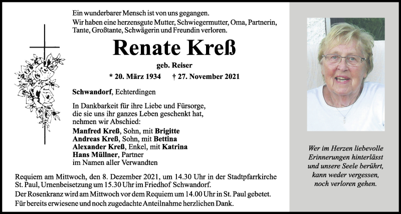  Traueranzeige für Renate Kreß vom 04.12.2021 aus Mittelbayerische Zeitung Schwandorf