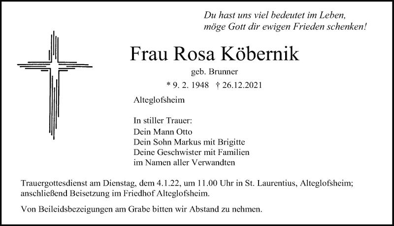  Traueranzeige für Rosa Köbernik vom 31.12.2021 aus Mittelbayerische Zeitung Regensburg