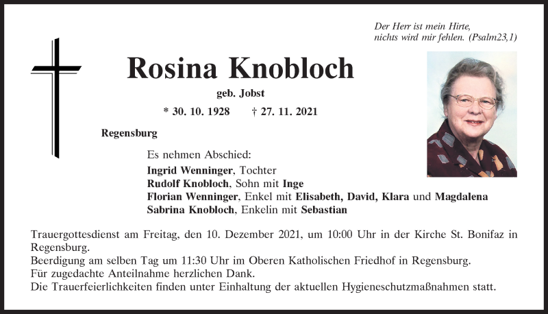  Traueranzeige für Rosina Knobloch vom 04.12.2021 aus Mittelbayerische Zeitung Regensburg