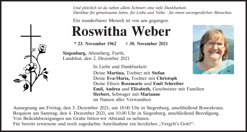  Traueranzeige für Roswitha Weber vom 02.12.2021 aus Mittelbayerische Zeitung Kelheim