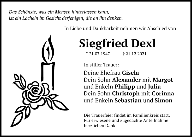  Traueranzeige für Siegfried Dexl vom 24.12.2021 aus Mittelbayerische Zeitung Schwandorf