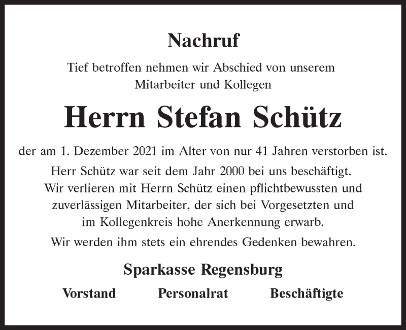  Traueranzeige für Stefan Schütz vom 11.12.2021 aus Mittelbayerische Zeitung Regensburg