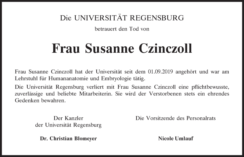  Traueranzeige für Susanne Czinczoll vom 08.12.2021 aus Mittelbayerische Zeitung Regensburg