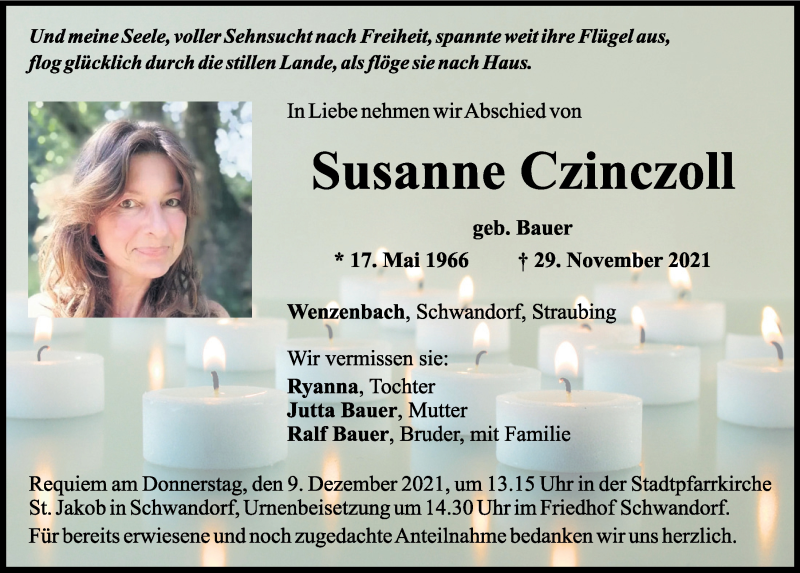  Traueranzeige für Susanne Czinczoll vom 04.12.2021 aus Mittelbayerische Zeitung Schwandorf