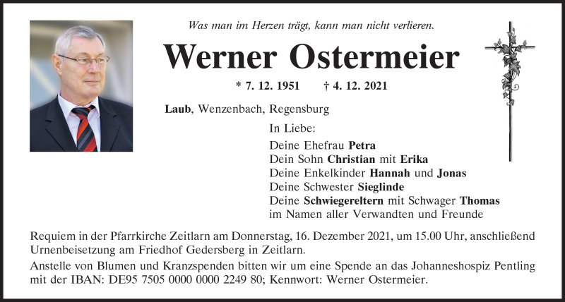  Traueranzeige für Werner Ostermeier vom 15.12.2021 aus Mittelbayerische Zeitung Regensburg