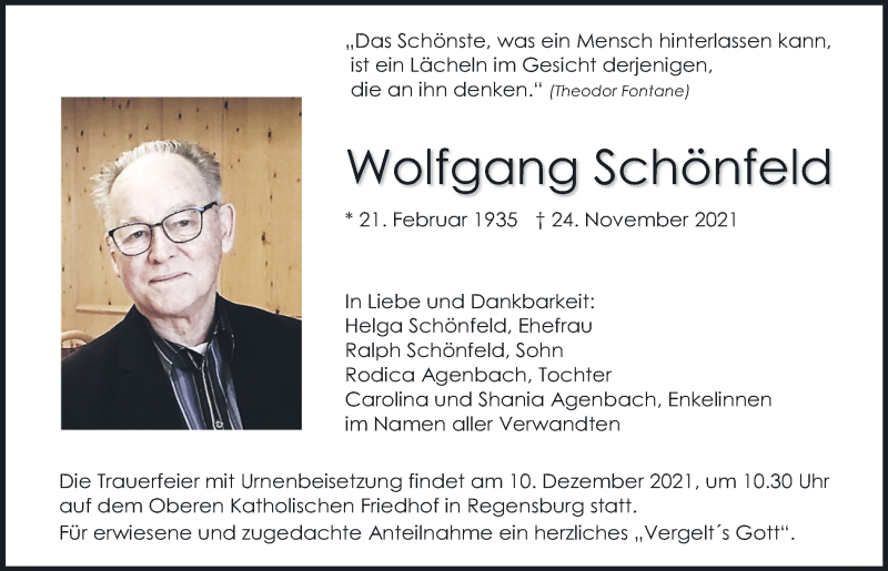  Traueranzeige für Wolfgang Schönfeld vom 04.12.2021 aus Mittelbayerische Zeitung Regensburg