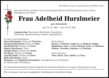 Traueranzeige von Adelheid Hurzlmeier von Mittelbayerische Zeitung Regensburg