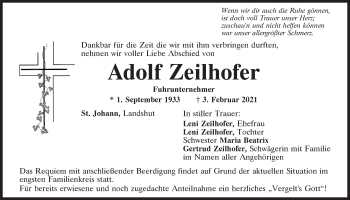 Traueranzeige von Adolf Zeilhofer von Mittelbayerische Zeitung Kelheim