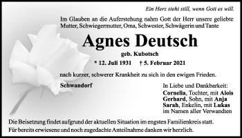Traueranzeige von Agnes Deutsch von Mittelbayerische Zeitung Schwandorf